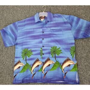 Shirt-Men-Basix-Hawaiian Style-Blue-Dolphins-Button Up-Tropical-Size XXL